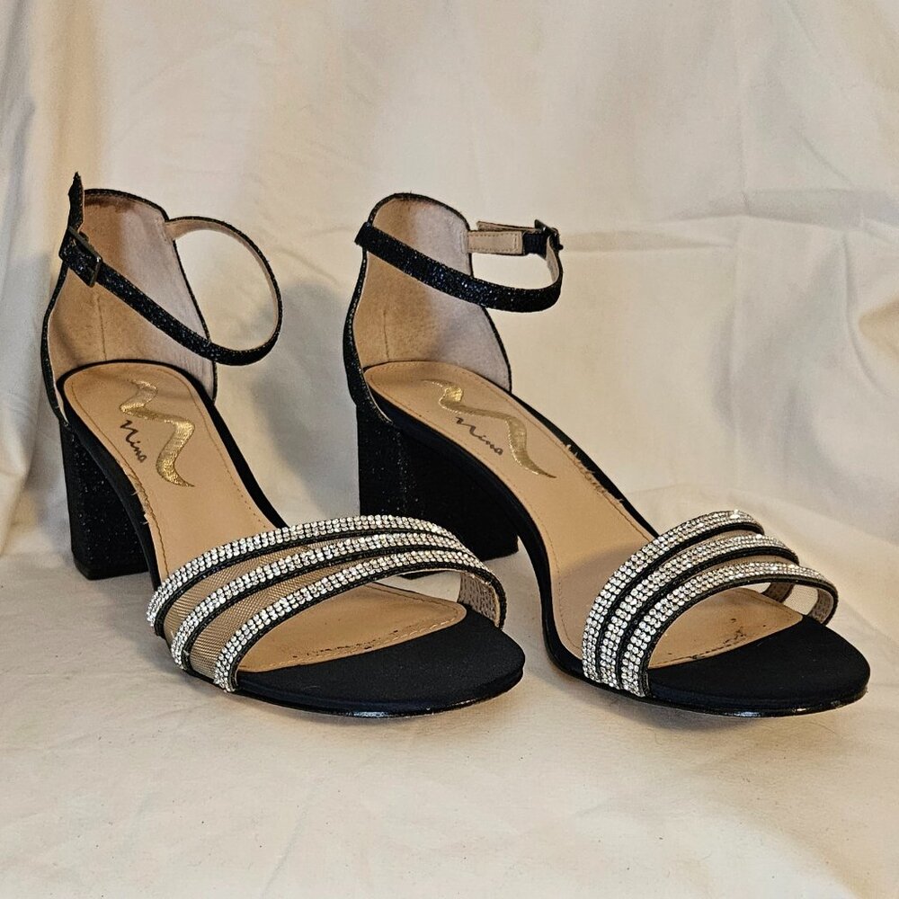 Nina NAGIDA Navy Blue Open Toe Sandal Embellished Rhinestone - 2.5" block heel